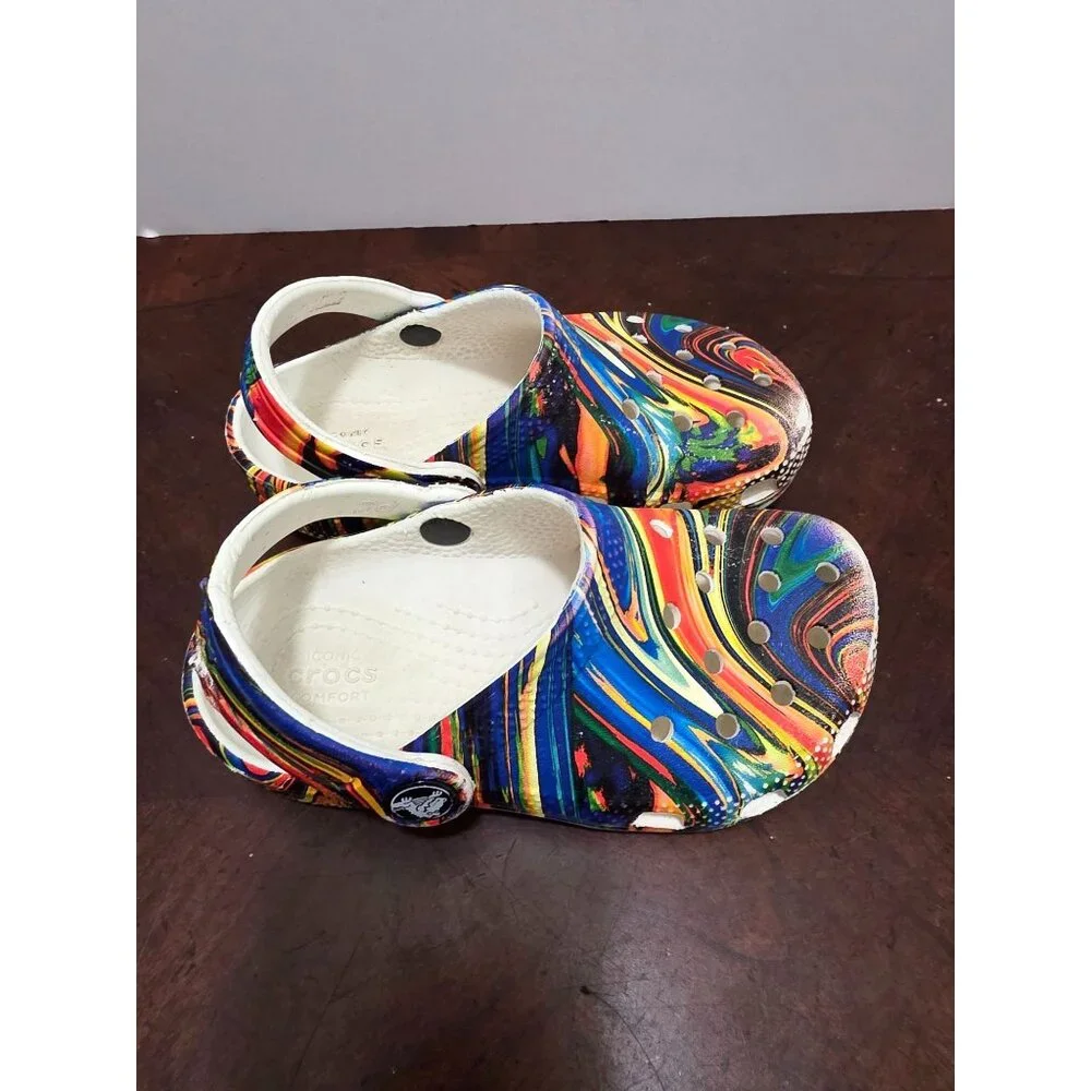 CROCS Classic Clogs Kids Multicolor Psychedelic Swirl Pattern Comfort Shoes Size